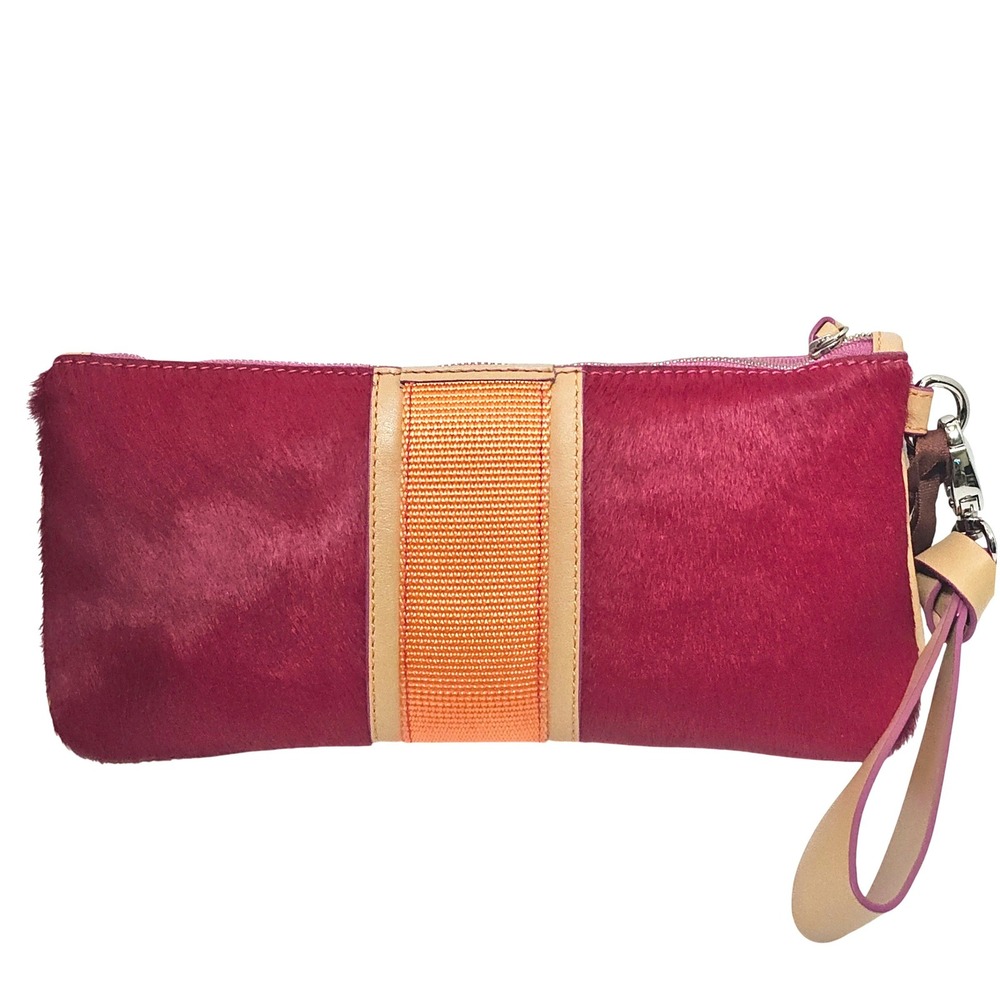 Plank Yoga Brand Faux Fur Wristlet Clutch Bag Red‎ Orange Zip Pouch Colorblock